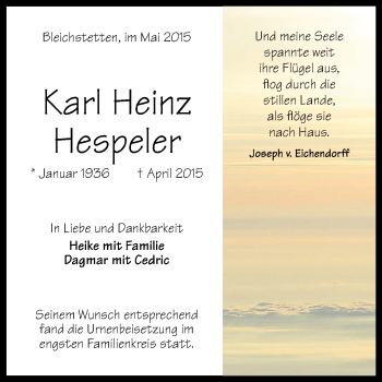 Anzeige von Karl Heinz Hespeler von Reutlinger Generalanzeiger