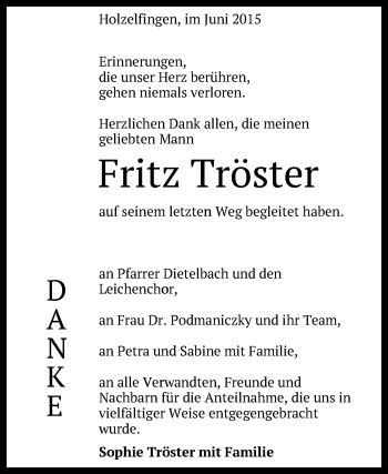 Anzeige von Fritz Tröster von Reutlinger Generalanzeiger