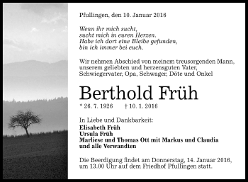 Anzeige von Berthold Früh von Reutlinger Generalanzeiger