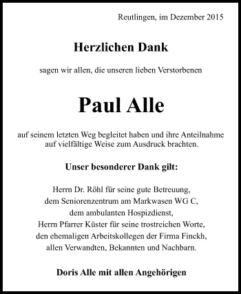 Anzeige von Paul Alle von Reutlinger Generalanzeiger