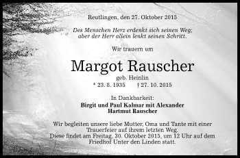 Anzeige von Margot Rauscher von Reutlinger Generalanzeiger
