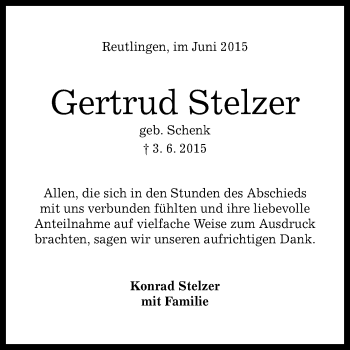 Anzeige von Gertrud Stelzer von Reutlinger Generalanzeiger