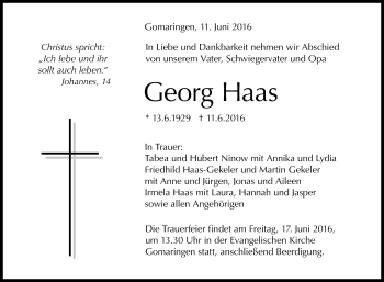 Anzeige von Georg Haas von Reutlinger Generalanzeiger