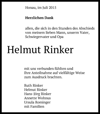 Anzeige von Helmut Rinker von Reutlinger Generalanzeiger