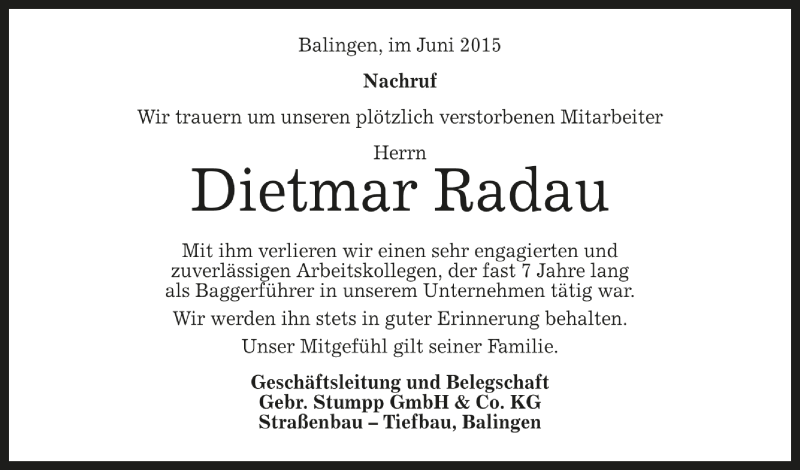  Traueranzeige für Dietmar Radau vom 17.06.2015 aus Reutlinger Generalanzeiger