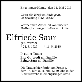 Anzeige von Elfriede Saur von Reutlinger Generalanzeiger