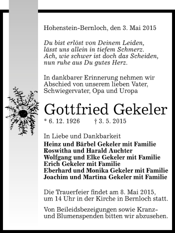 Anzeige von Gottfried Gekeler von Reutlinger Generalanzeiger