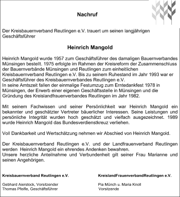 Anzeige von Heinrich Mangold von Reutlinger Generalanzeiger