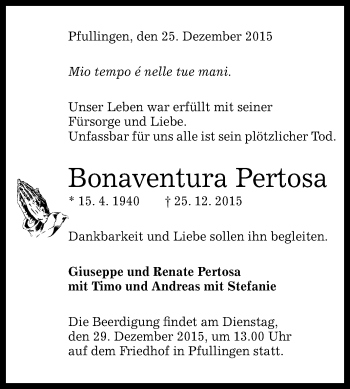 Anzeige von Bonaventura Pertosa von Reutlinger Generalanzeiger