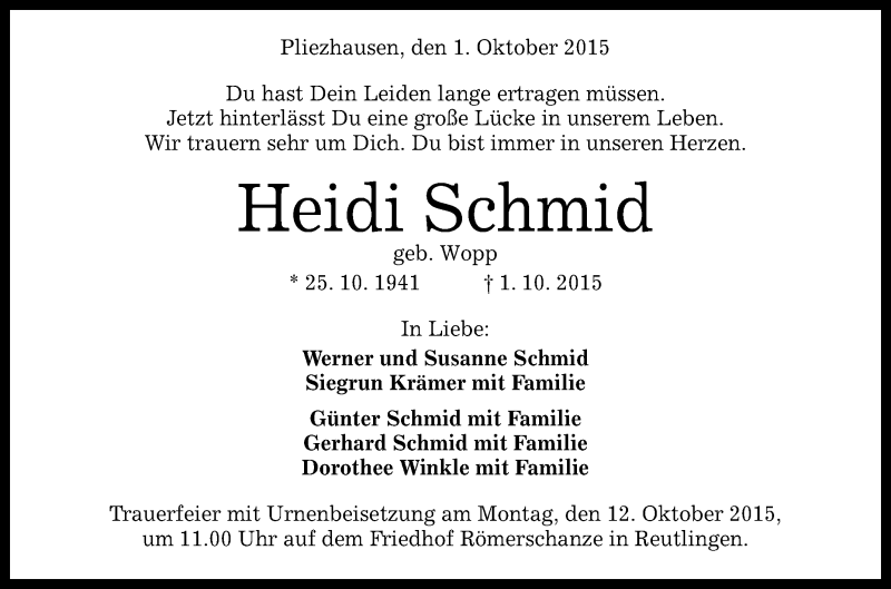  Traueranzeige für Heidi Schmid vom 06.10.2015 aus Reutlinger Generalanzeiger