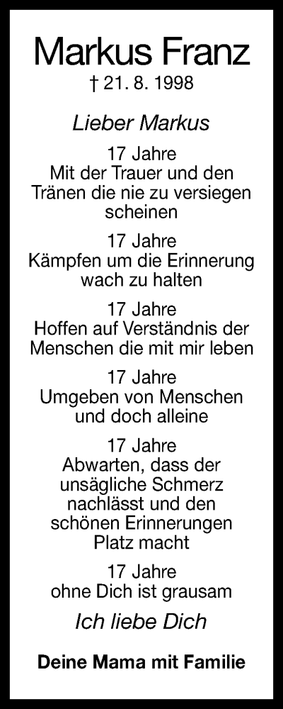  Traueranzeige für Markus Franz vom 21.08.2015 aus Reutlinger Generalanzeiger