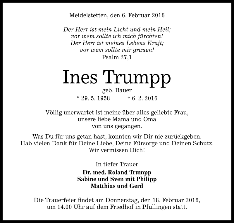  Traueranzeige für Ines Trumpp vom 13.02.2016 aus Reutlinger Generalanzeiger