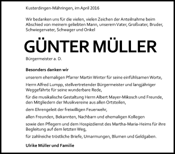 Anzeige von Günter Müller von Reutlinger Generalanzeiger