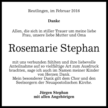 Anzeige von Rosemarie Stephan von Reutlinger Generalanzeiger