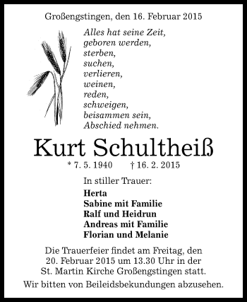 Anzeige von Kurt Schultheiß von Reutlinger Generalanzeiger