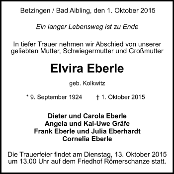 Anzeige von Elvira Eberle von Reutlinger Generalanzeiger