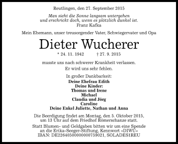 Anzeige von Dieter Wucherer von Reutlinger Generalanzeiger