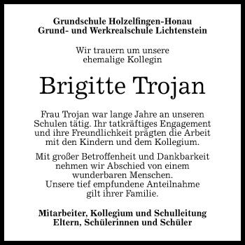 Anzeige von Brigitte Trojan von Reutlinger Generalanzeiger