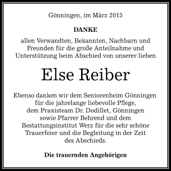 Anzeige von Else Reiber von Reutlinger Generalanzeiger