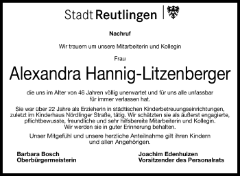 Anzeige von Alexandra Hannig-Litzenberger von Reutlinger Generalanzeiger