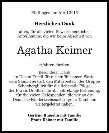 Anzeige von Agatha Keimer von Reutlinger Generalanzeiger