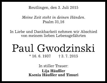 Anzeige von Paul Gwodzinski von Reutlinger Generalanzeiger