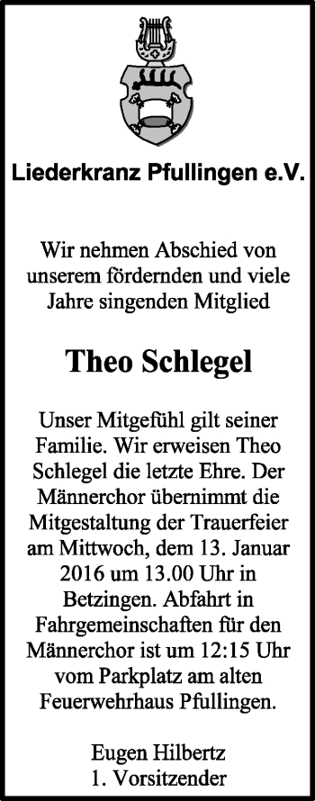 Anzeige von Theo Ulrich Schlegel von Reutlinger Generalanzeiger