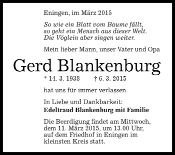 Anzeige von Gerd Blankenburg von Reutlinger Generalanzeiger