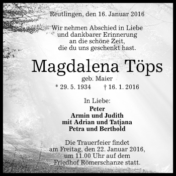 Anzeige von Magdalena Töps von Reutlinger Generalanzeiger