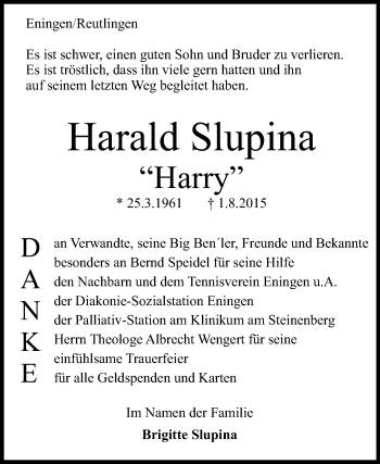 Anzeige von Harald Slupina von Reutlinger Generalanzeiger