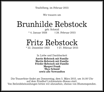 Anzeige von Brunhilde und Fritz Rebstock von Reutlinger Generalanzeiger