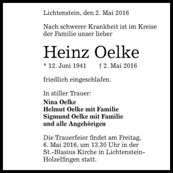 Anzeige von Heinz Oelke von Reutlinger Generalanzeiger