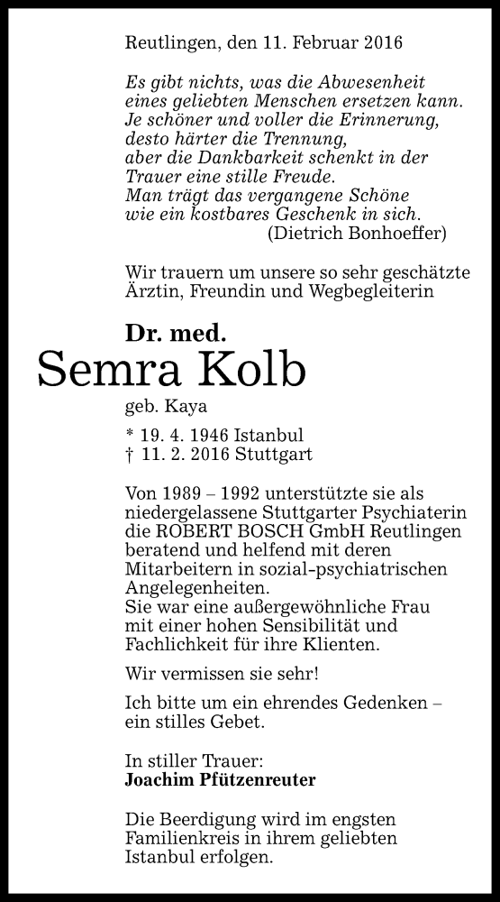  Traueranzeige für Semra Kolb vom 13.02.2016 aus Reutlinger Generalanzeiger