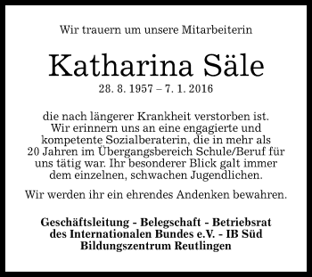 Anzeige von Katharina Säle von Reutlinger Generalanzeiger