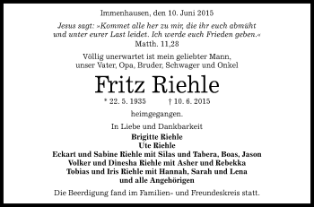 Anzeige von Fritz Riehle von Reutlinger Generalanzeiger