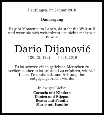 Anzeige von Dario Dijanovic von Reutlinger Generalanzeiger