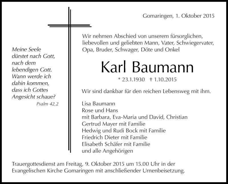  Traueranzeige für Karl Baumann vom 06.10.2015 aus Reutlinger Generalanzeiger