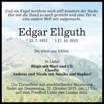 Anzeige von Edgar Ellguth von Reutlinger Generalanzeiger