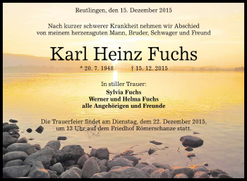 Anzeige von Karl Heinz Fuchs von Reutlinger Generalanzeiger