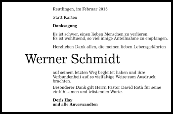 Anzeige von Werner Schmidt von Reutlinger Generalanzeiger