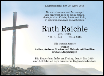 Anzeige von Ruth Raichle von Reutlinger Generalanzeiger