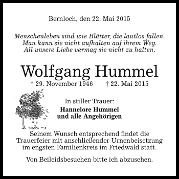 Anzeige von Wolfgang Hummel von Reutlinger Generalanzeiger