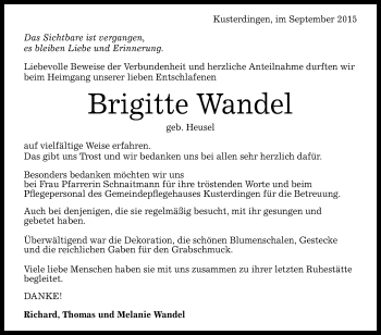 Anzeige von Brigitte Wandel von Reutlinger Generalanzeiger