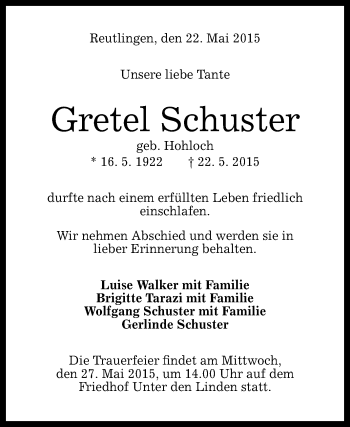 Anzeige von Gretel Schuster von Reutlinger Generalanzeiger