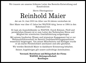 Anzeige von Reinhold Maier von Reutlinger Generalanzeiger