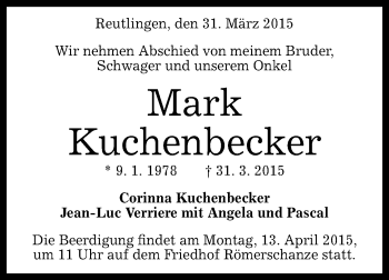 Anzeige von Mark Kuchenbecker von Reutlinger Generalanzeiger