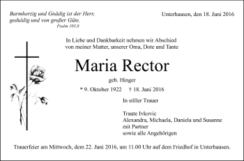 Anzeige von Maria Rector von Reutlinger Generalanzeiger