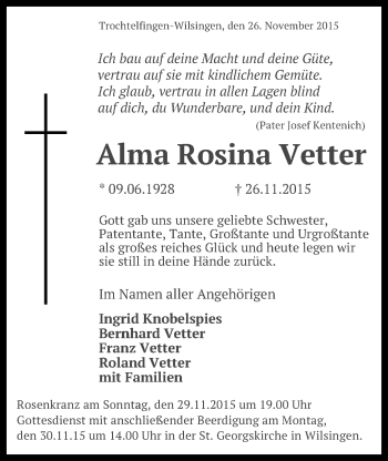 Anzeige von Alma Rosina Vetter von Reutlinger Generalanzeiger