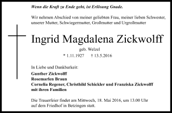 Anzeige von Ingrid Magdalene Zickwolff von Reutlinger Generalanzeiger