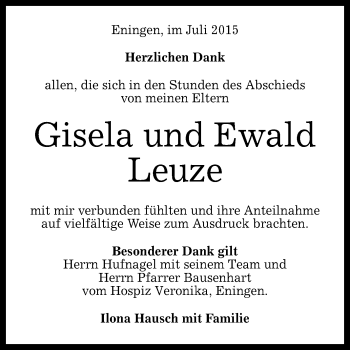 Anzeige von Gisela und Ewald Leuze von Reutlinger Generalanzeiger